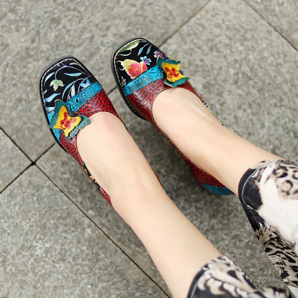 Rima - Retro Applique Chunky Heel Pumps