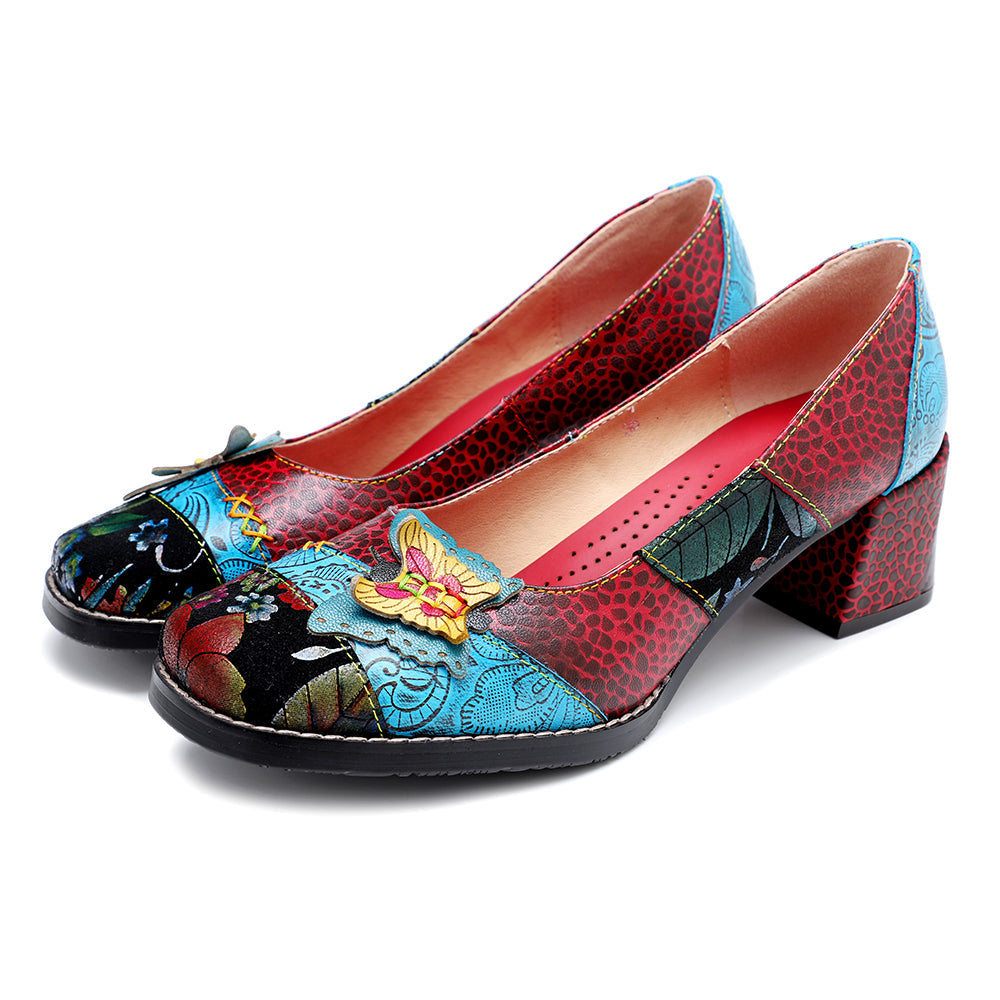 Rima - Retro Applique Chunky Heel Pumps