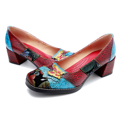 Rima - Retro Applique Chunky Heel Pumps
