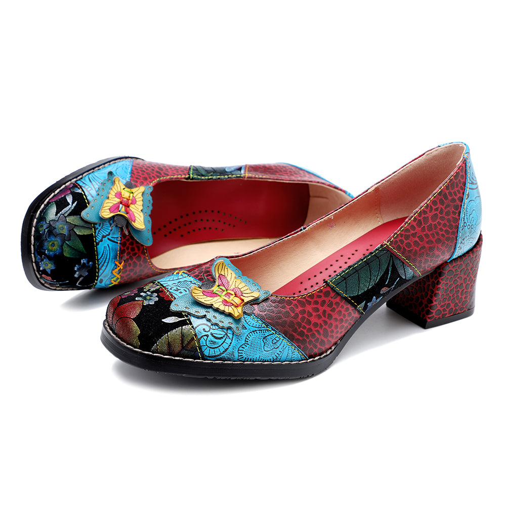 Rima - Retro Applique Chunky Heel Pumps