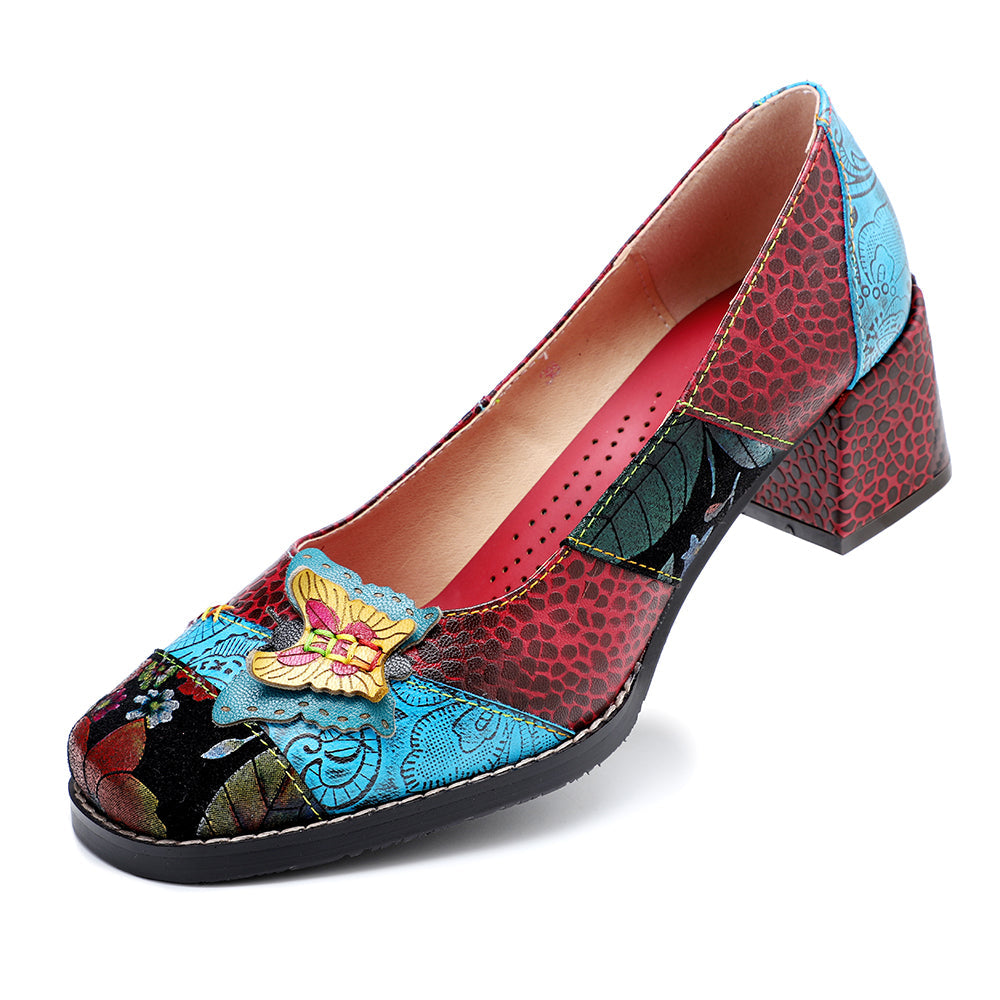 Rima - Retro Applique Chunky Heel Pumps