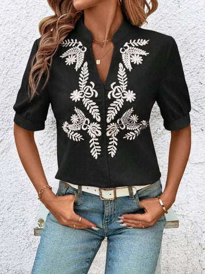 Kostanza - Blusa Donna Ricamata Scollo Manica Corta Chic