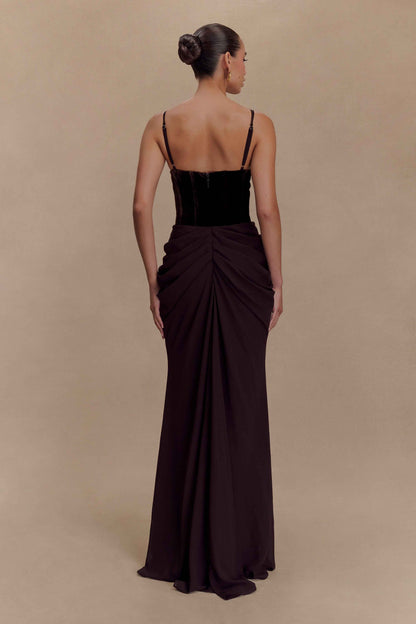 Menilda – Roxanne Abito Maxi con Corsetto in Velluto Cacao