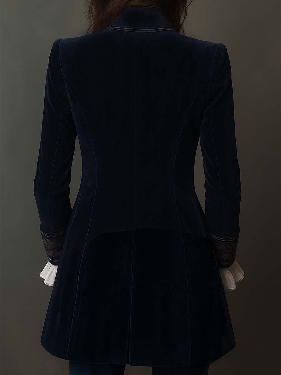 Debora – Giacca Lunga Vintage Blu Navy Con Ricami