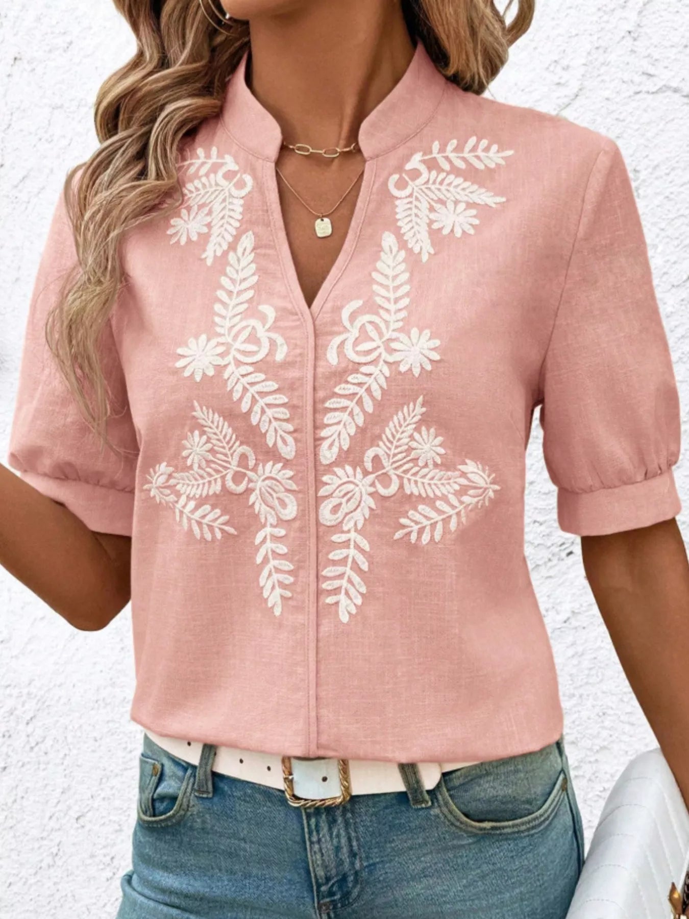 Kostanza - Blusa Donna Ricamata Scollo Manica Corta Chic