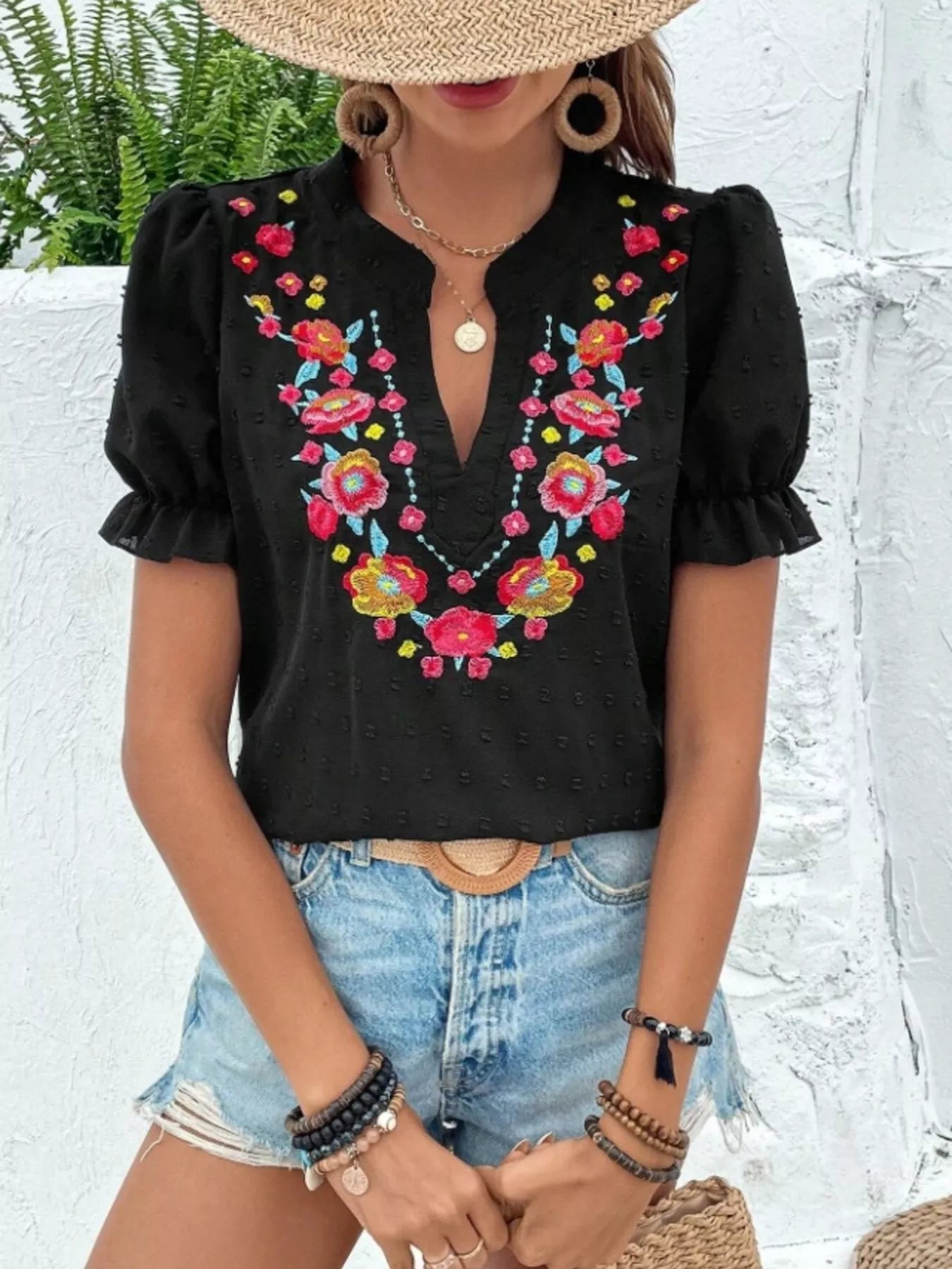 Klea - Blusa Donna Maniche Sbuffo Ricamo Floreale Elegante