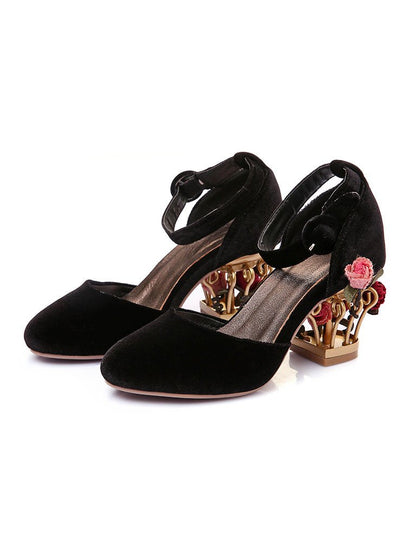 Lucia – Scarpe Luxury in Velluto con Tacco Floreale Traforato Oro