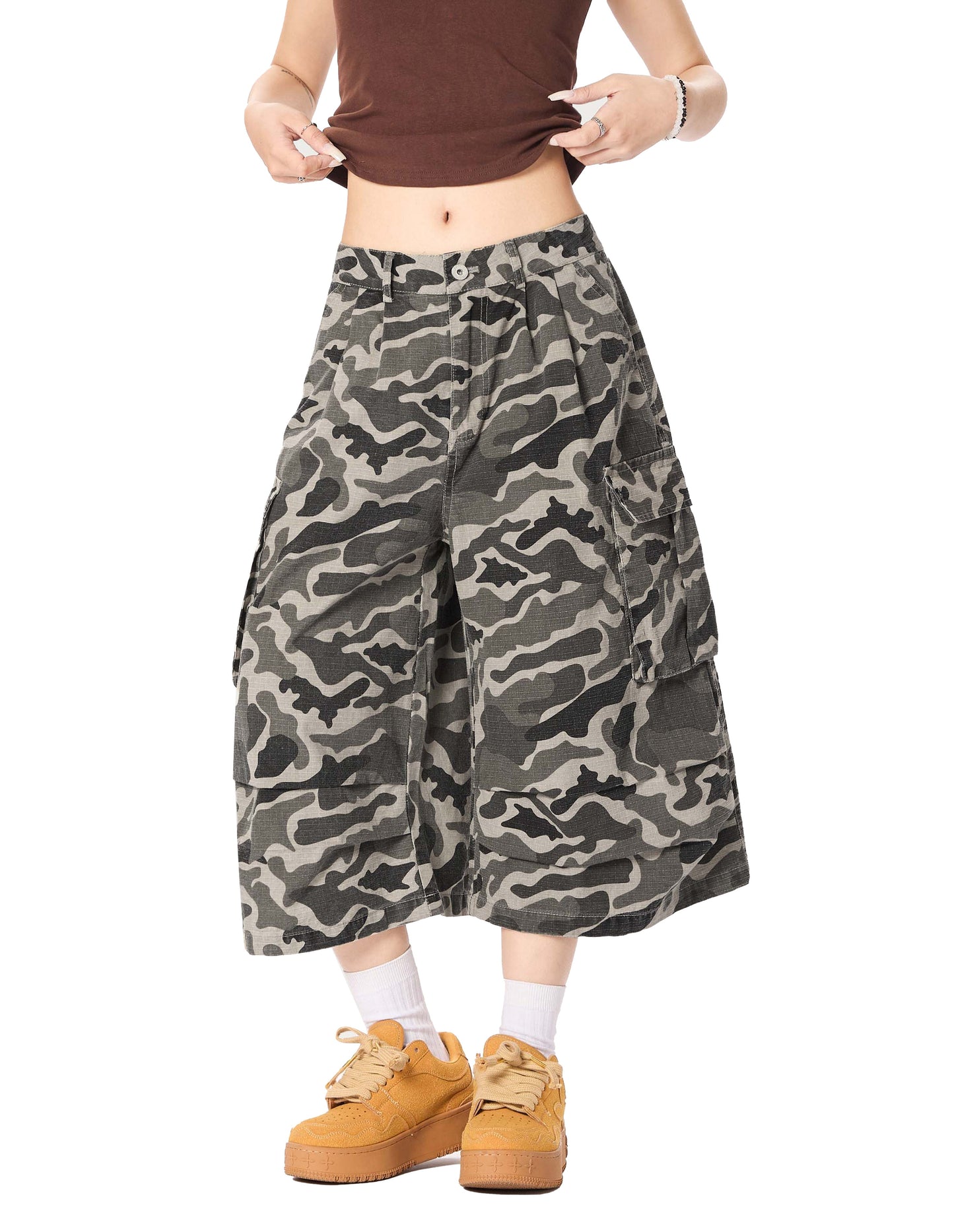Pura - Pantaloni Cargo Capri Camouflage Ruched Donna Moderni