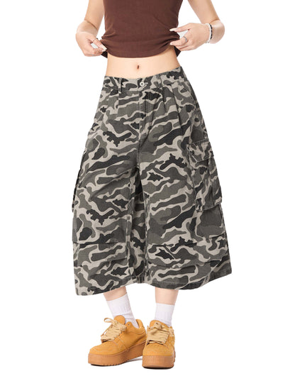 Pura - Pantaloni Cargo Capri Camouflage Ruched Donna Moderni