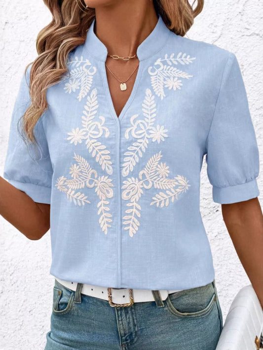 Kostanza - Blusa Donna Ricamata Scollo Manica Corta Chic