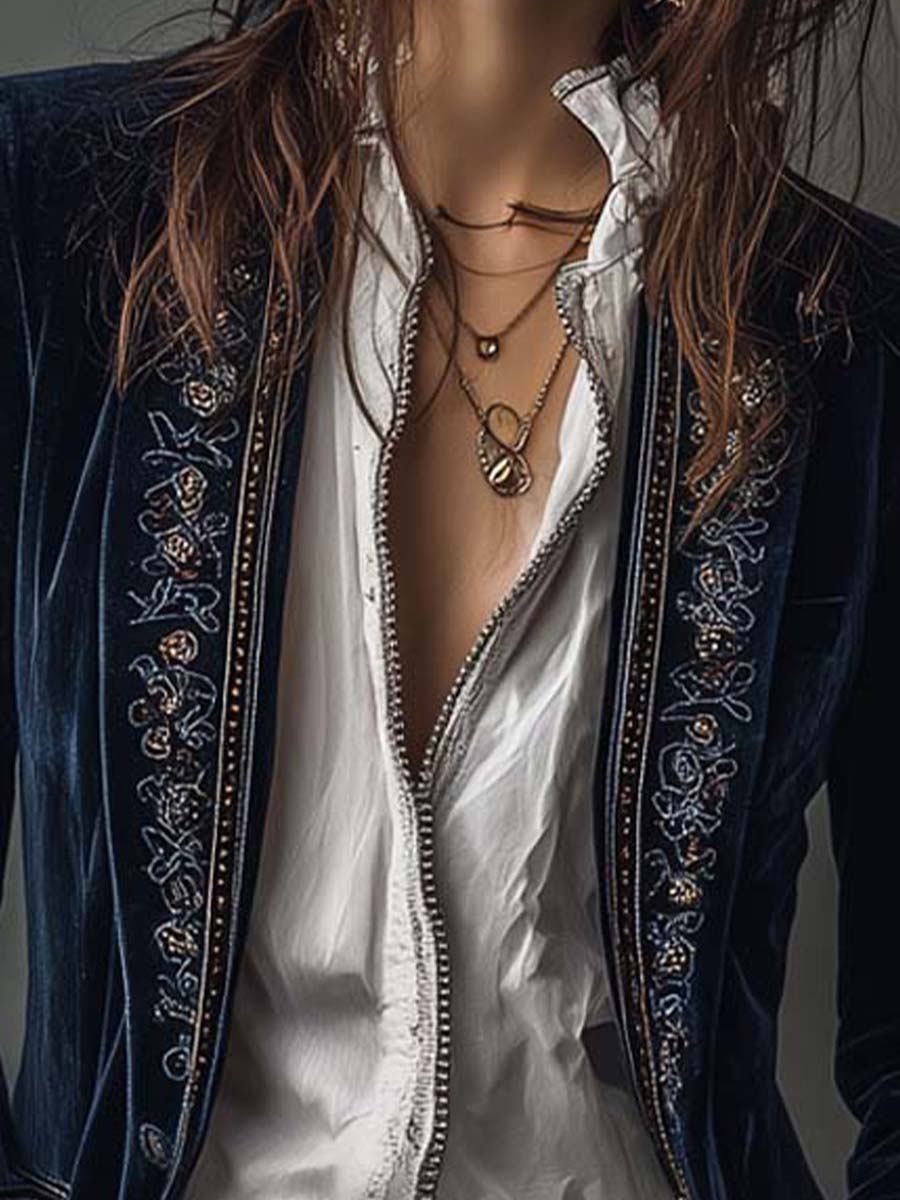 Debora – Giacca Lunga Vintage Blu Navy Con Ricami
