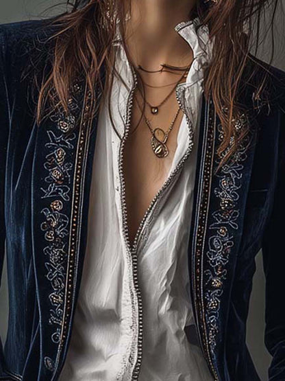 Debora – Giacca Lunga Vintage Blu Navy Con Ricami