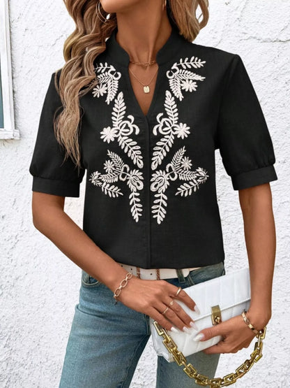 Kostanza - Blusa Donna Ricamata Scollo Manica Corta Chic