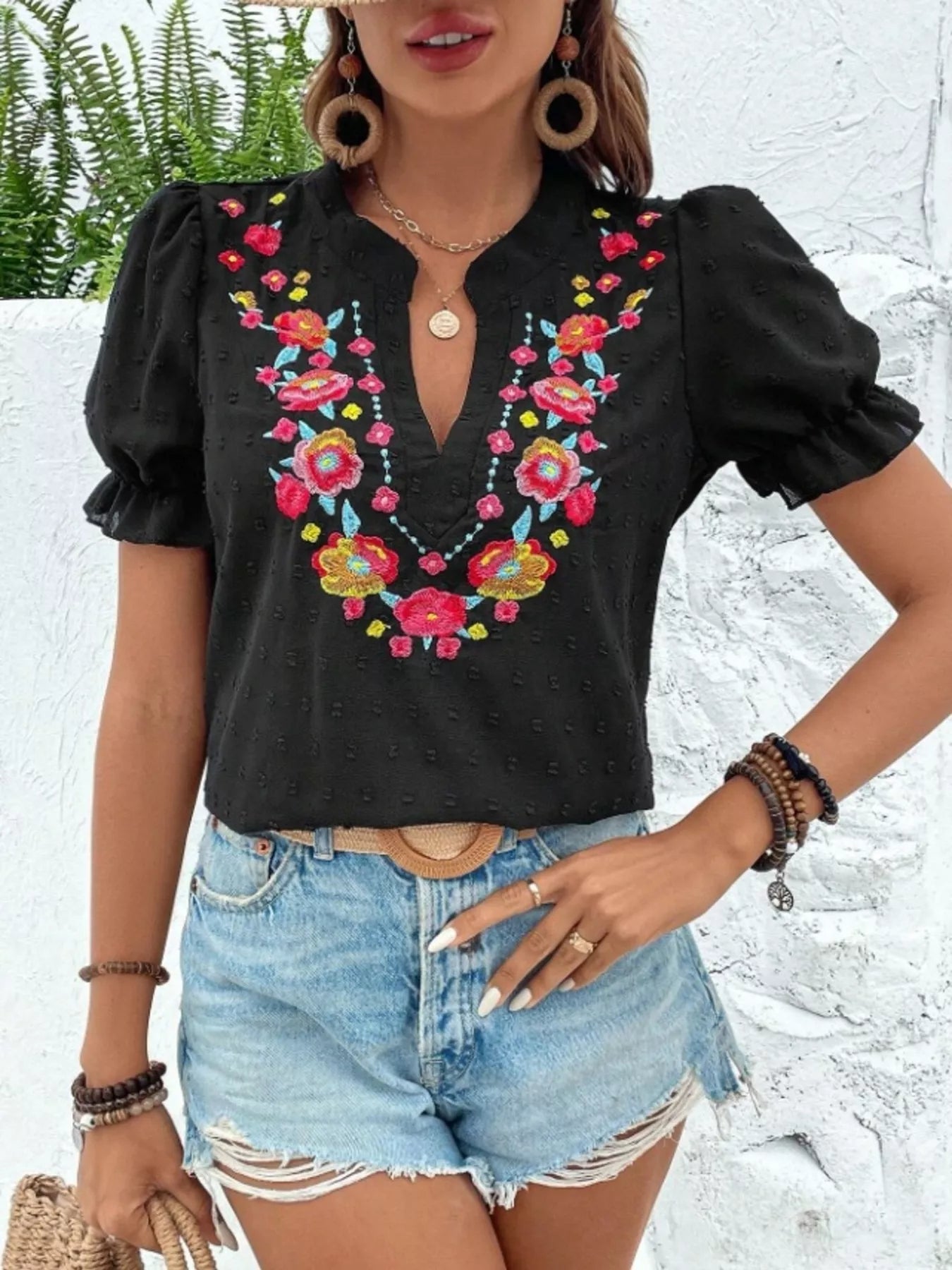 Klea - Blusa Donna Maniche Sbuffo Ricamo Floreale Elegante