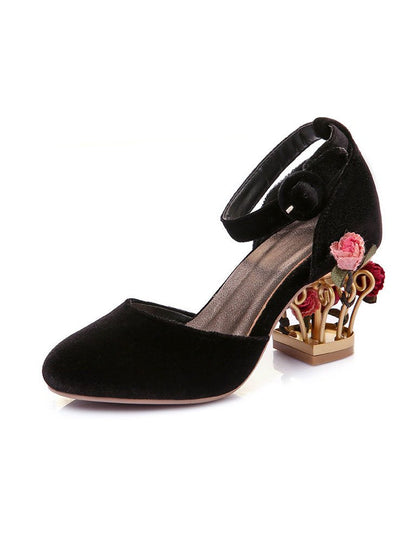 Lucia – Scarpe Luxury in Velluto con Tacco Floreale Traforato Oro