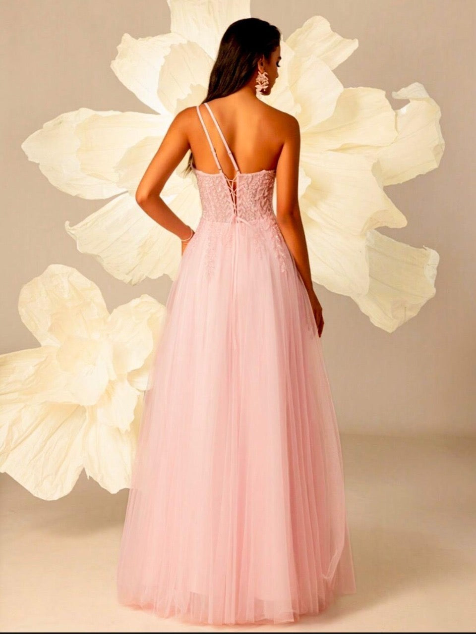 Greta - Abito Lungo Monospalla Paillettes Perline Tulle Donna