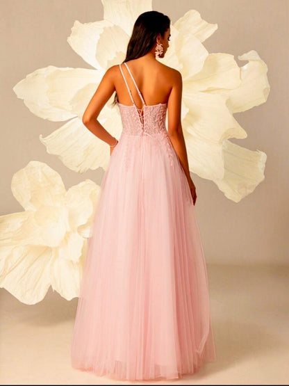 Greta - Abito Lungo Monospalla Paillettes Perline Tulle Donna
