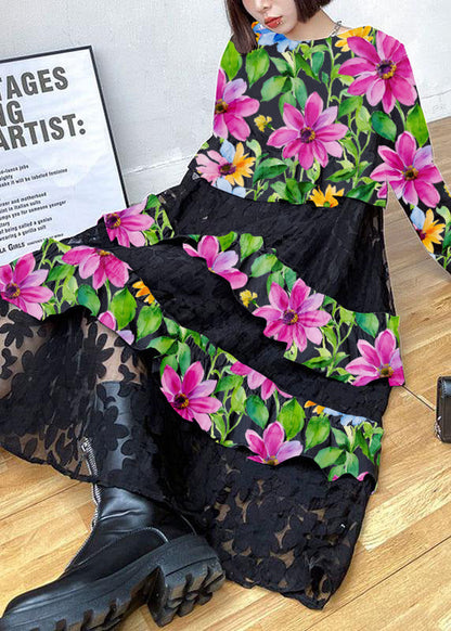 Siria - Vestito boho nero in pizzo con volant donna