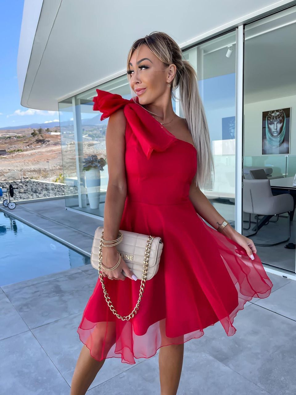 Giorgia - Abito Corto Monospalla Fiocco Tulle Plissettato Donna