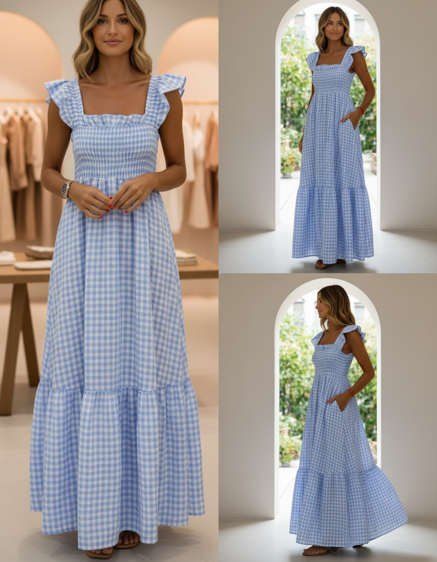Quinira - Abito Lungo Estivo Donna Quadretti Fresco Moderno