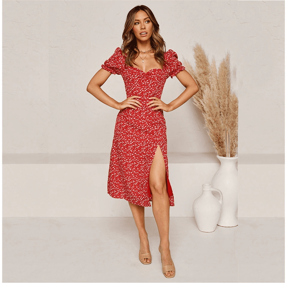 Daniela - Abito Midi Donna Boho Chic Rosso con Spacco