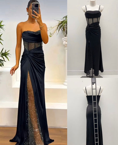 Bianca - Abito Lungo da Cerimonia Nero con Dettagli Glitterati