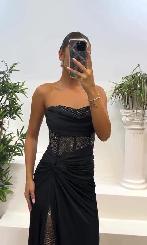 Bianca - Abito Lungo da Cerimonia Nero con Dettagli Glitterati