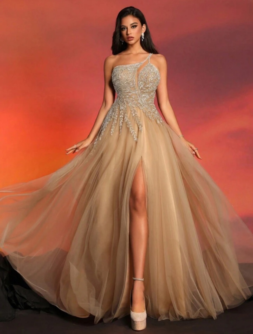 Greta - Abito Lungo Monospalla Paillettes Perline Tulle Donna