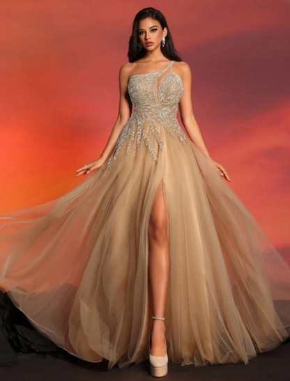 Greta - Abito Lungo Monospalla Paillettes Perline Tulle Donna