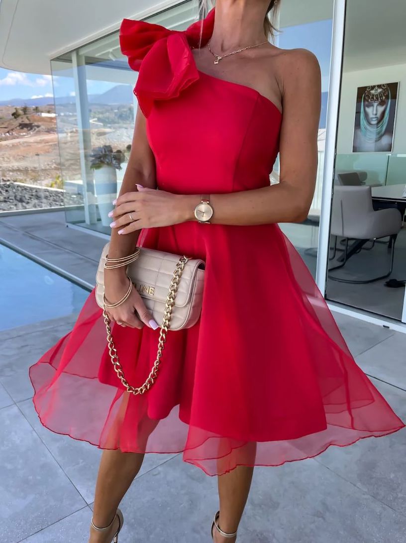 Giorgia - Abito Corto Monospalla Fiocco Tulle Plissettato Donna
