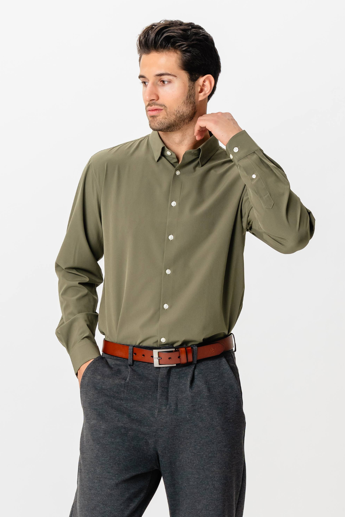 Leandro - Camicia Uomo Verde Oliva Elegante Casual
