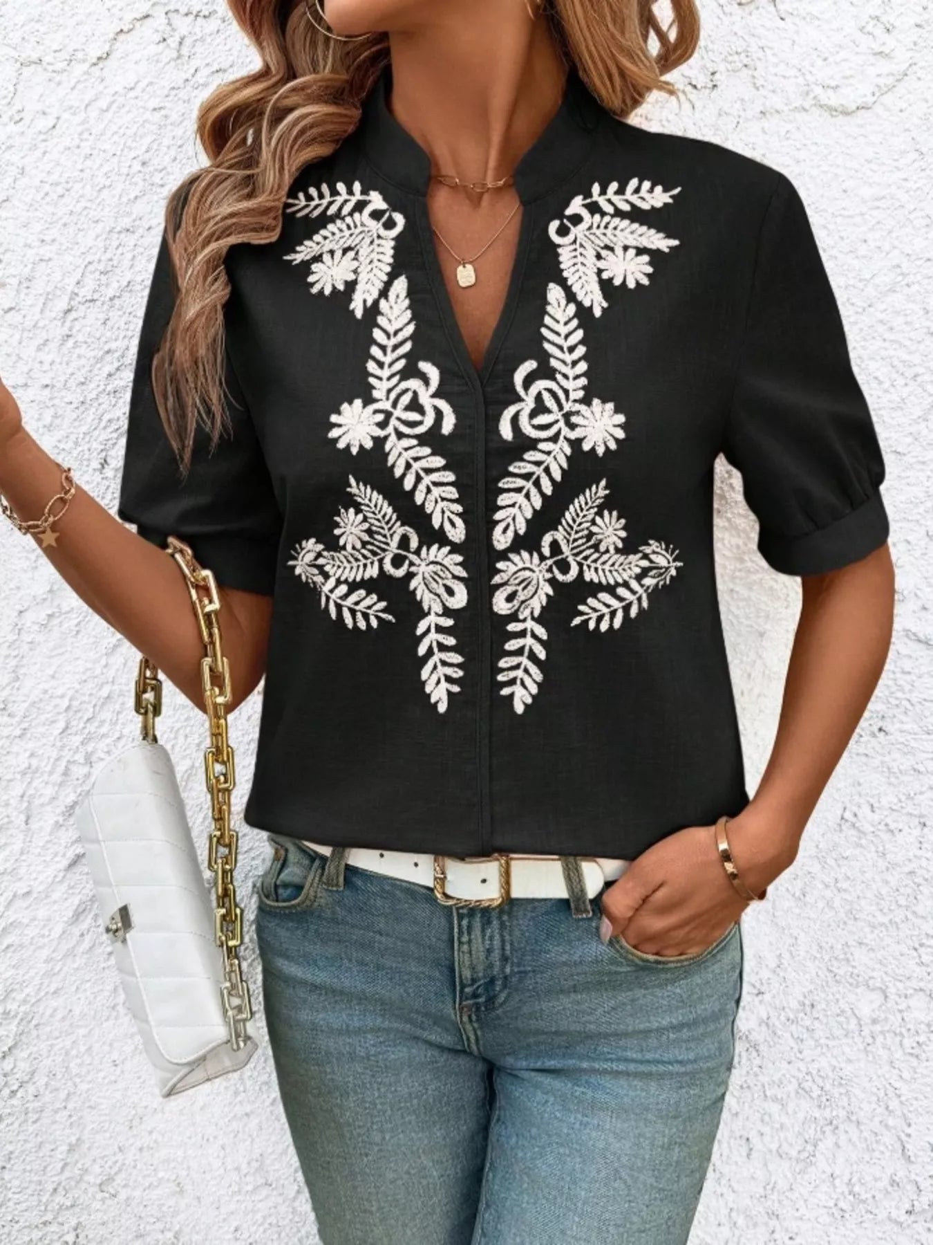 Kostanza - Blusa Donna Ricamata Scollo Manica Corta Chic