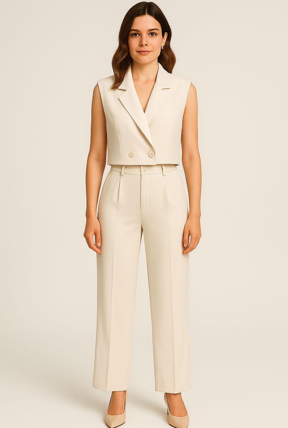 Carlotta - Tailleur Gilet Doppiopetto Pantalone Panna Donna