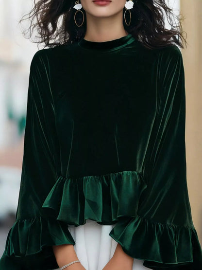 Karmen - Blusa Donna Velluto Volant Orlo Elegante Chic