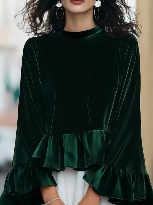 Karmen - Blusa Donna Velluto Volant Orlo Elegante Chic