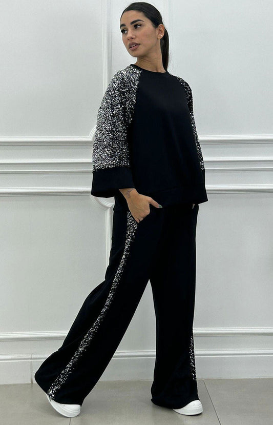 Bettina - Completo Paillettes Manica Pantalone Nero Donna