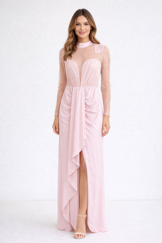 Costanza - Abito Lungo Tulle Ricamato Drappeggio Donna