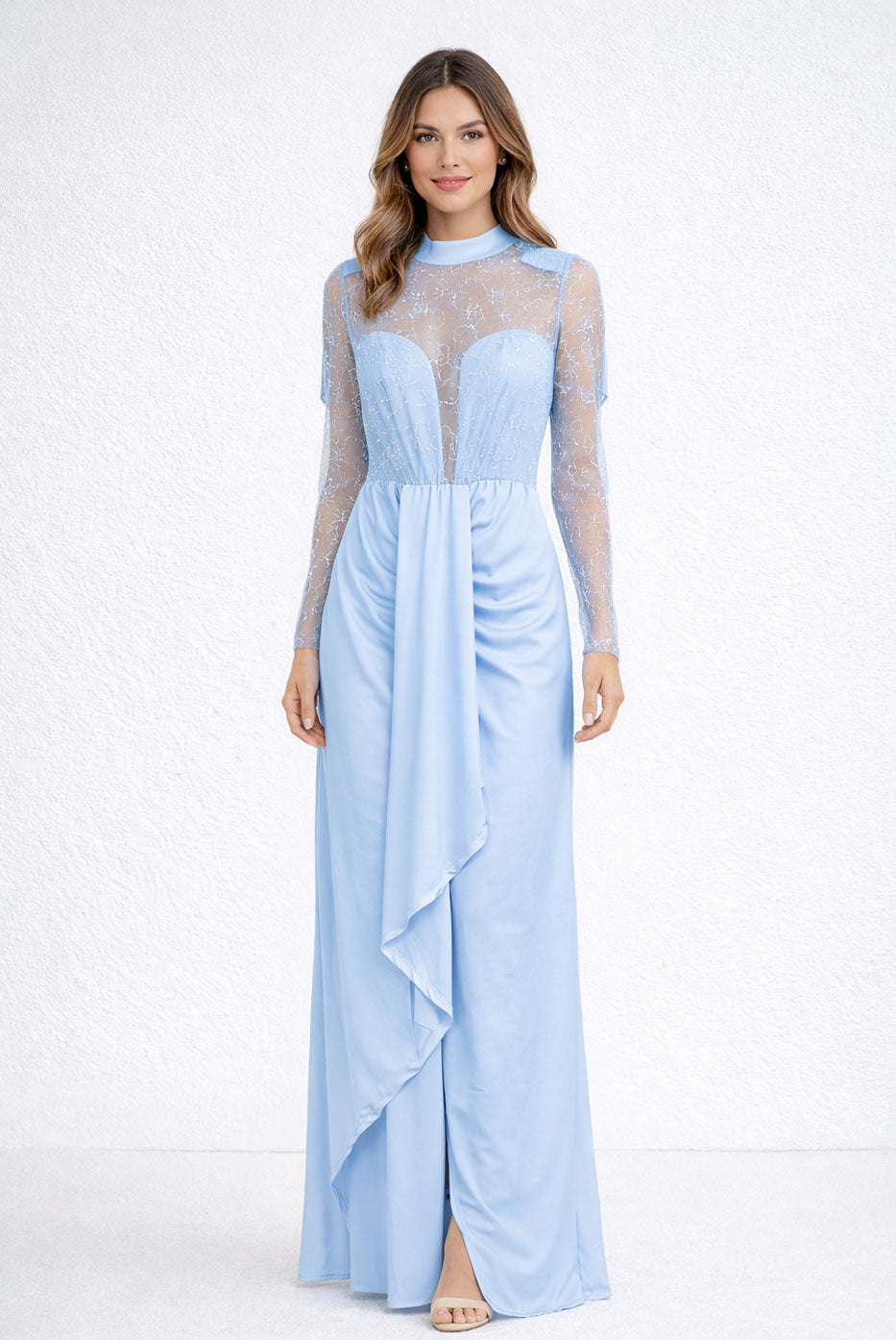 Costanza - Abito Lungo Tulle Ricamato Drappeggio Donna