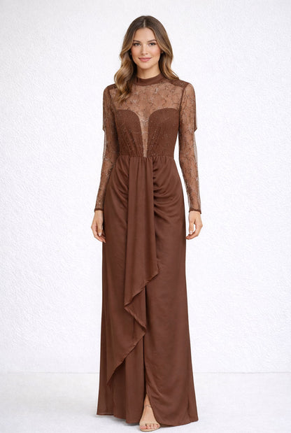 Costanza - Abito Lungo Tulle Ricamato Drappeggio Donna