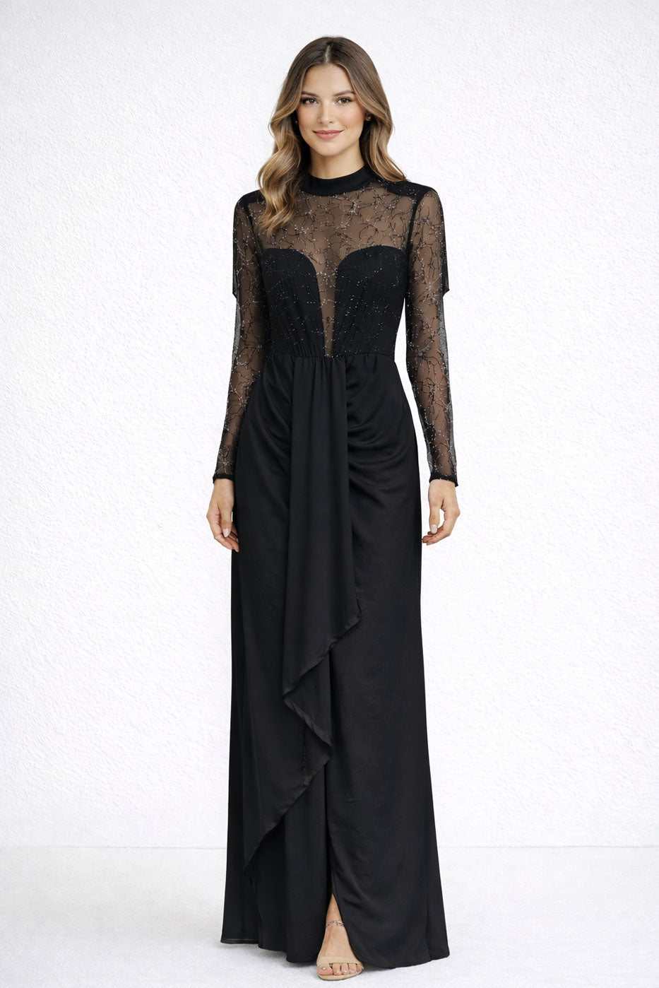 Costanza - Abito Lungo Tulle Ricamato Drappeggio Donna