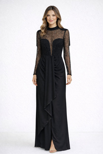 Costanza - Abito Lungo Tulle Ricamato Drappeggio Donna