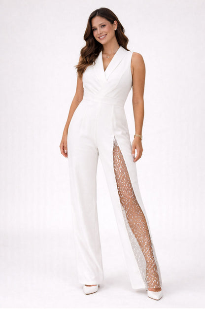 Bernarda - Jumpsuit Elegante Inserto Rete Brillante Donna