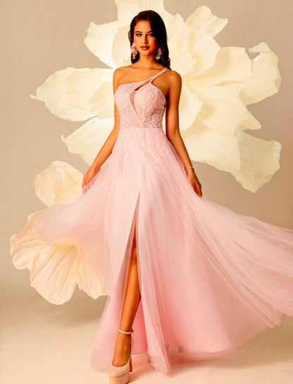 Greta - Abito Lungo Monospalla Paillettes Perline Tulle Donna