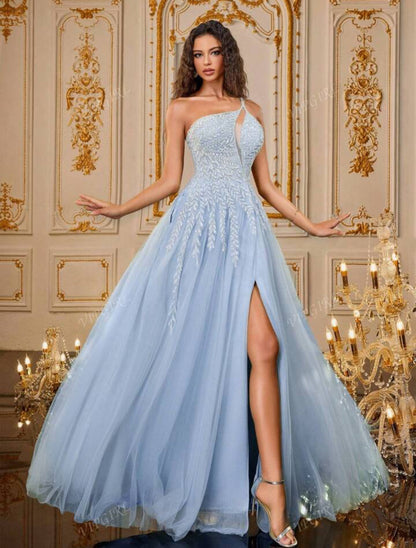 Greta - Abito Lungo Monospalla Paillettes Perline Tulle Donna