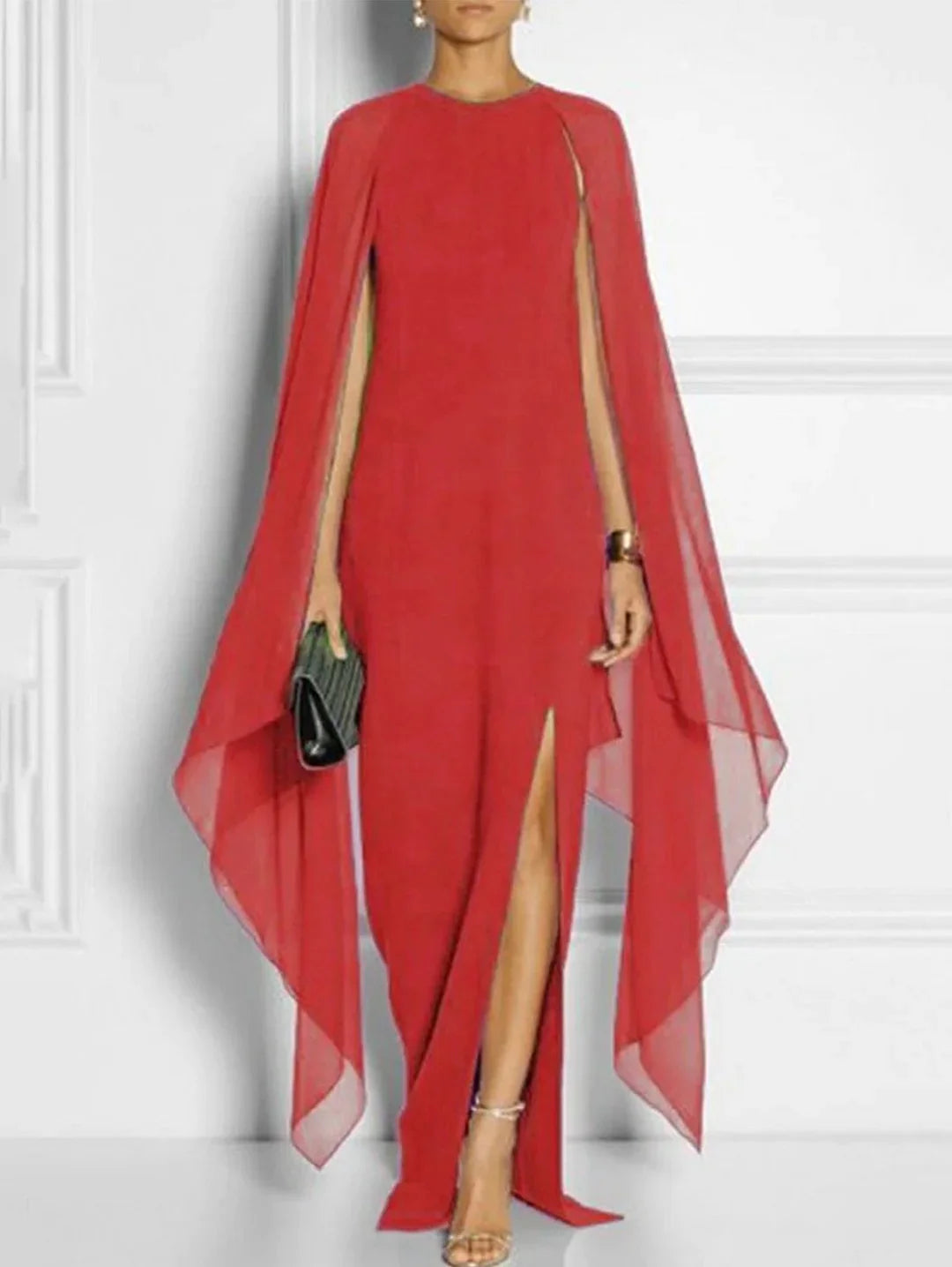 Marzisa – Abito Maxi Elegante con Spacco alla Coscia e Maniche a Mantella