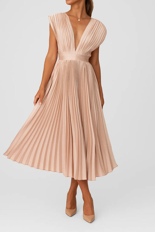 Alessandra – Abito Plissé Midi Con Scollo A V E Vita Sottolineata