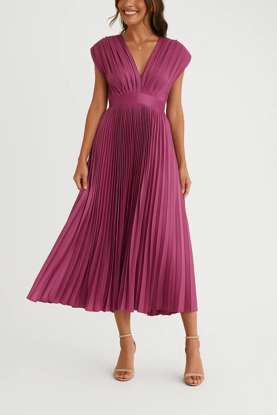 Alessandra – Abito Plissé Midi Con Scollo A V E Vita Sottolineata