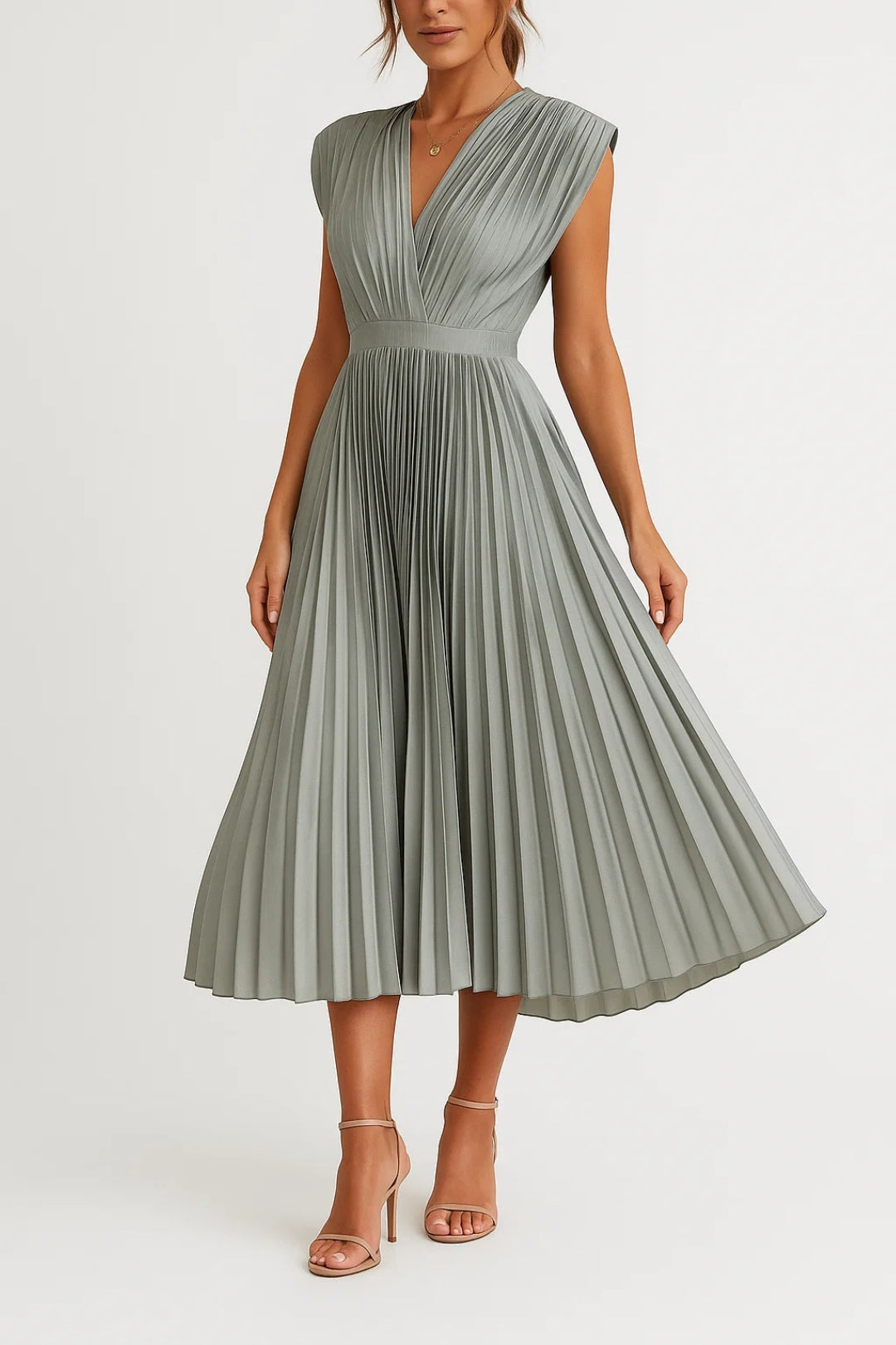 Alessandra – Abito Plissé Midi Con Scollo A V E Vita Sottolineata