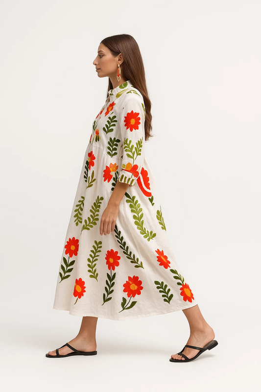 Sara – Abito Lungo Lino con Ricami Floreali Boho