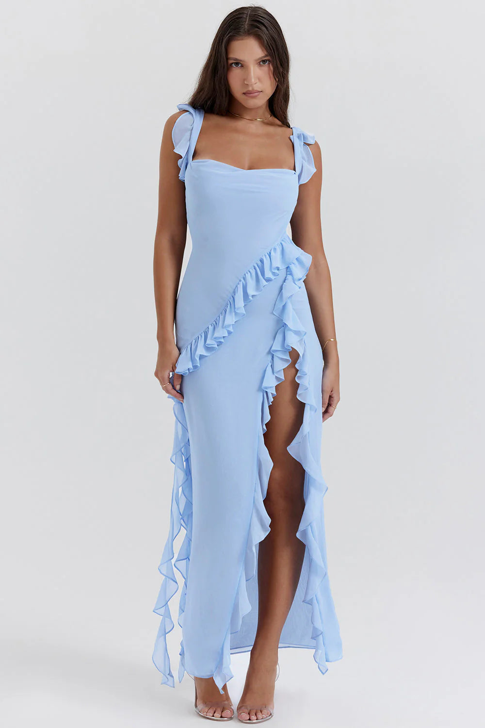 Adalgisa - Elegantissimo Vestito Lungo Giorgia con Volant e Sottile Apertura Azzurro